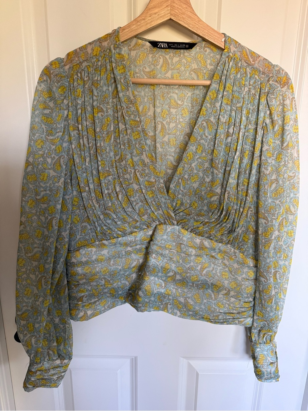 Zara Paisley Floral Metallic Ruched Blouse Blue Yellow L